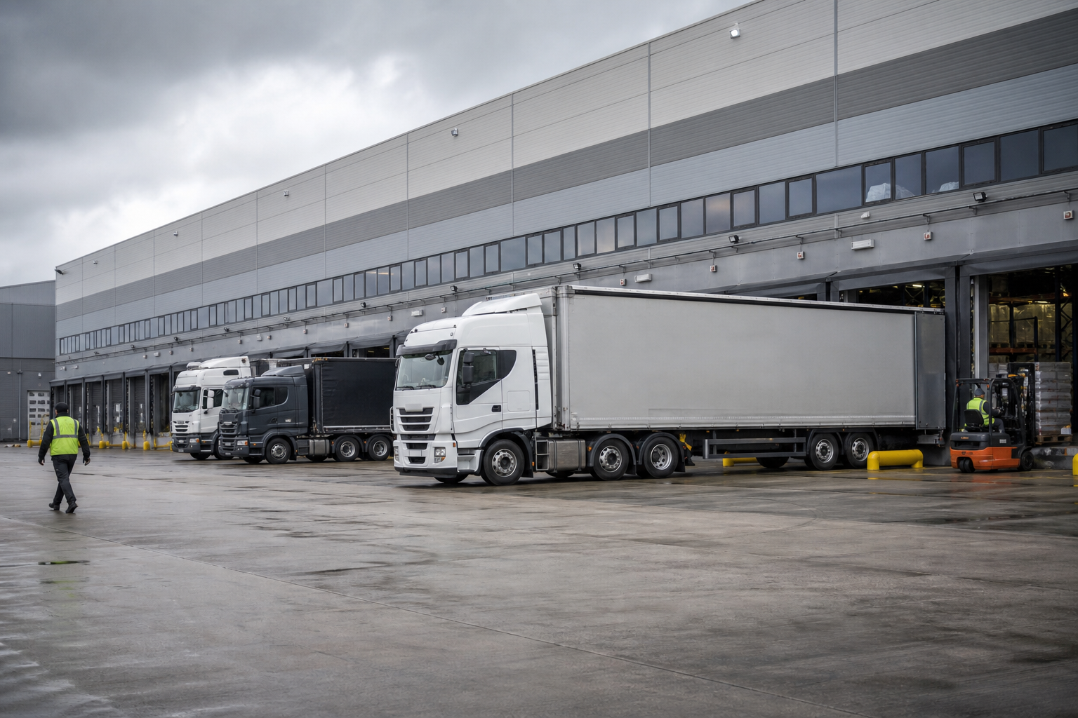 Modern Distribution Centre with Loading Bays and HGVs
