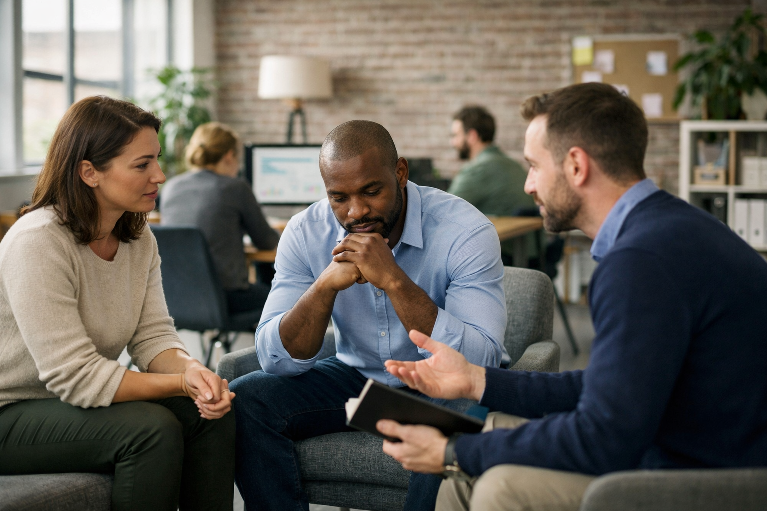 Mental Health and Psychological Safety at Work, natural in workplace UK Enviroment, no text on image