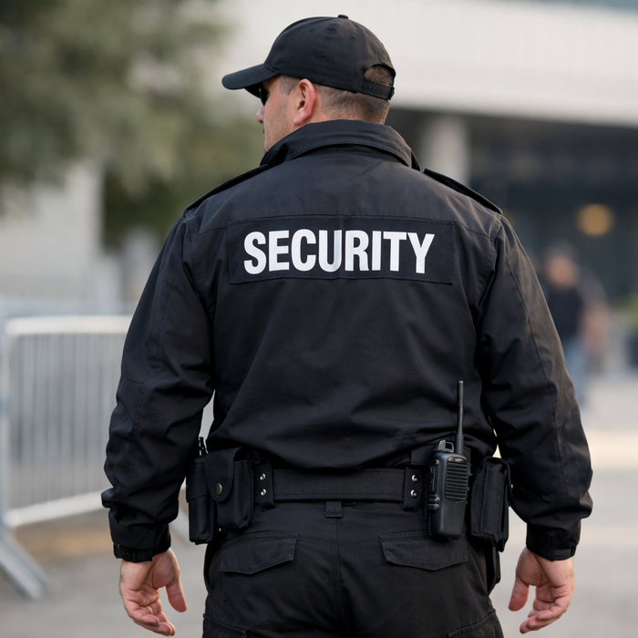 security man with security word on work suite we didnt him face in full but we see the full uniform and security word on this n atural-1-2-1