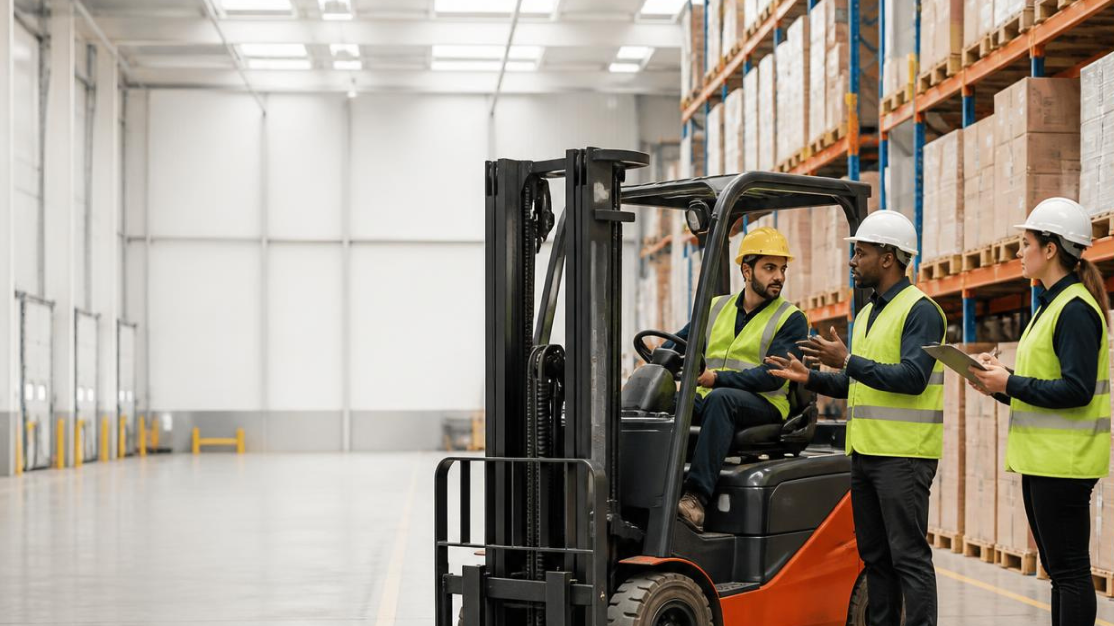 Forklift operator receiving workplace transport training in a UK warehouse with instructor supervising safe equipment operation.