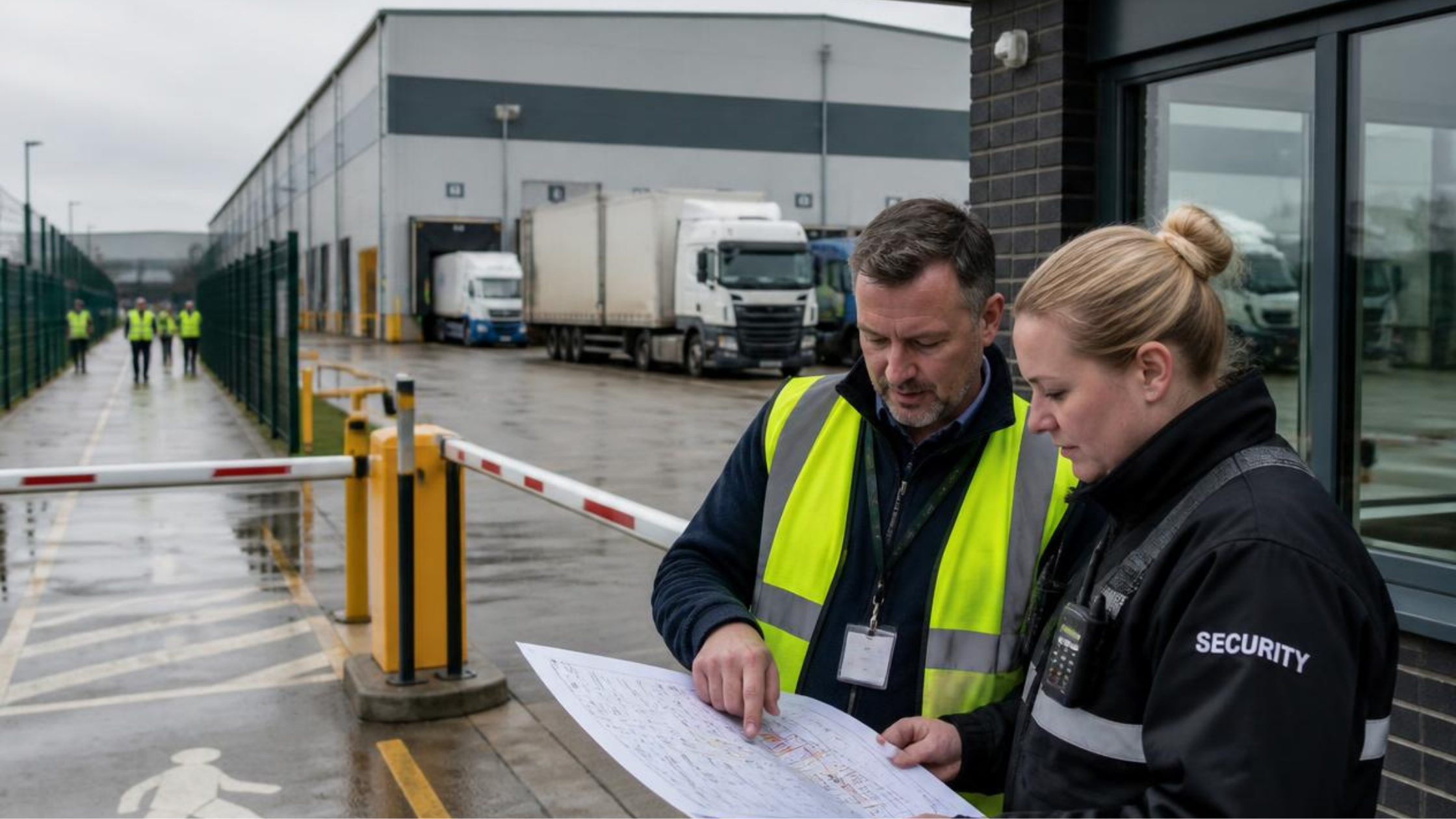 Warehouse security guards reviewing access routes and loading-bay risks at a UK distribution centre