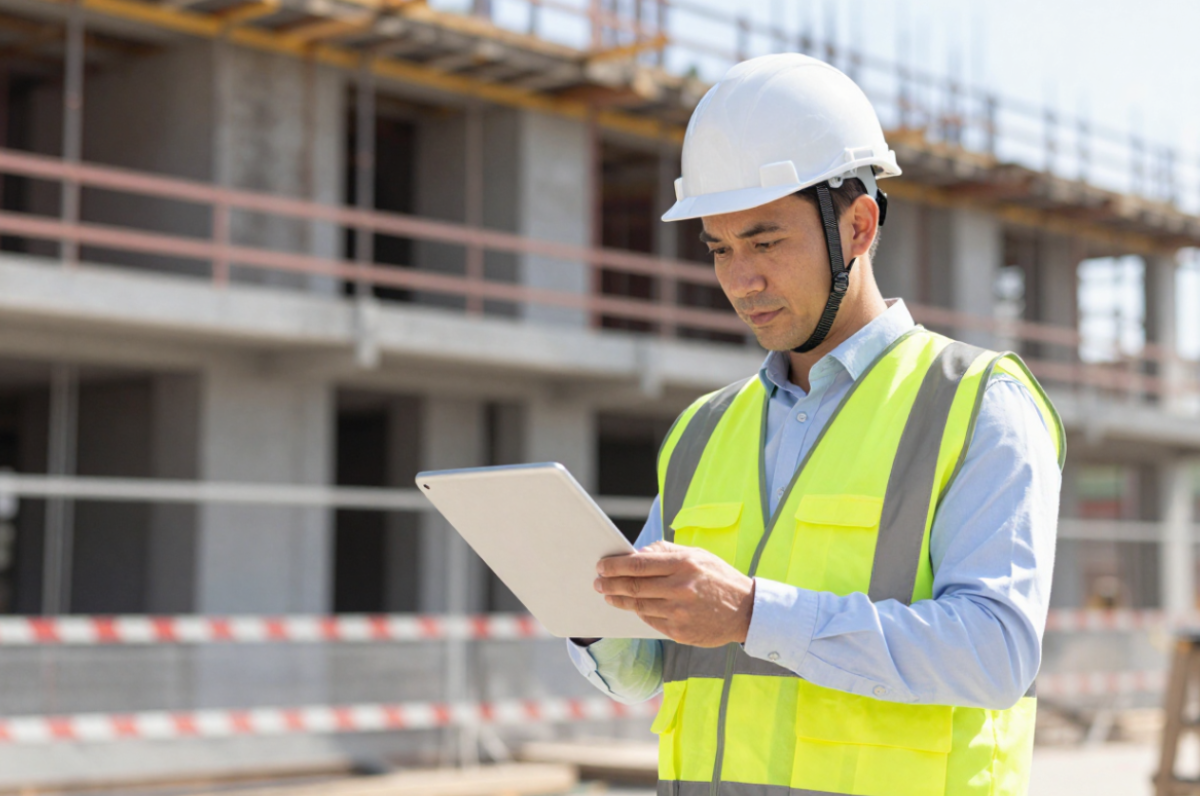 Site manager using Circle UK Group’s 360° self-report risk assessment platform while walking through a UK workplace