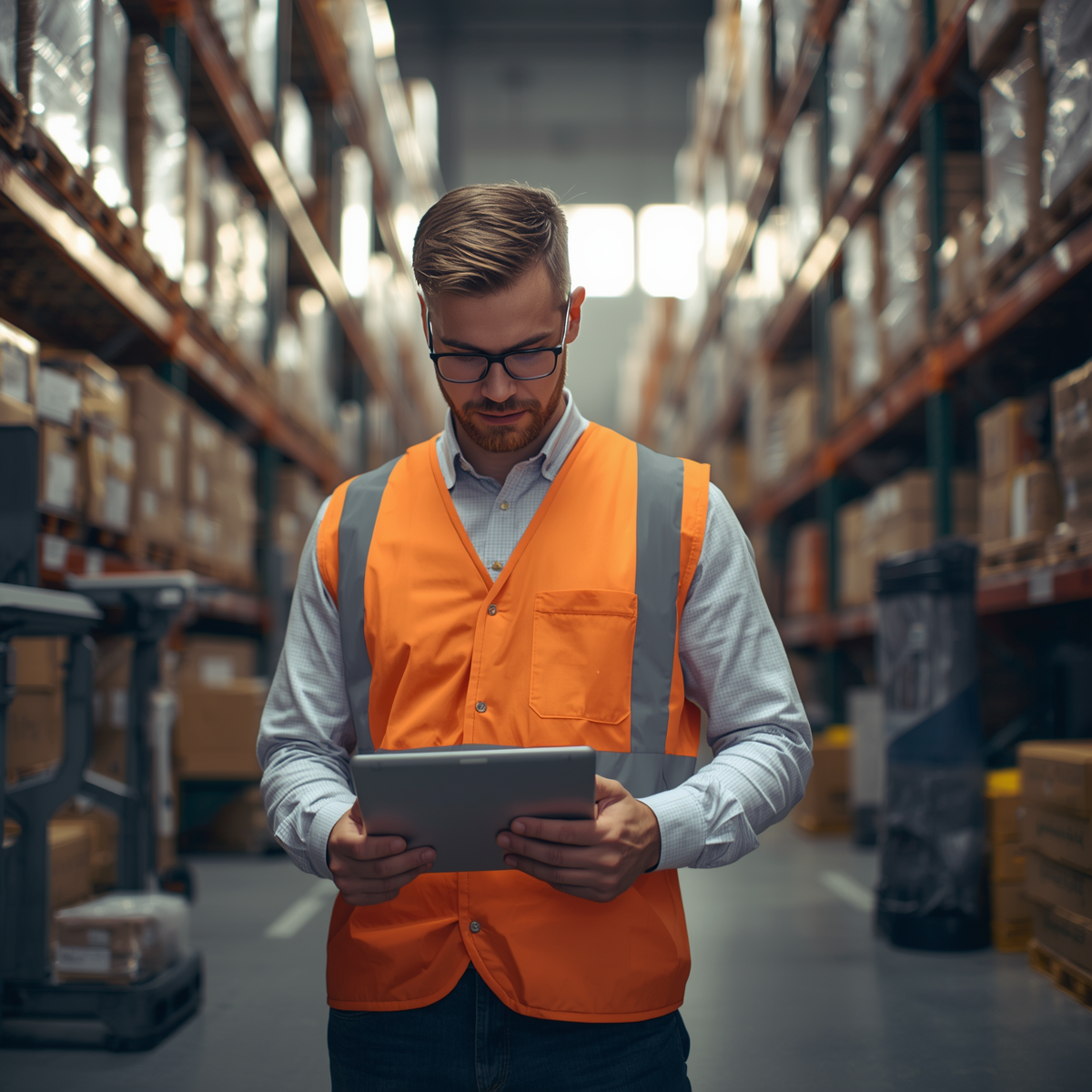 Warehouse manager reviewing operational risks and business continuity plans within a distribution centre