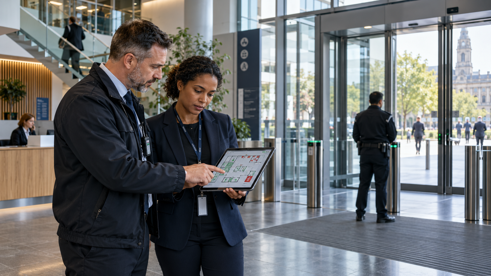 Facilities and security professionals review emergency response plans in a modern UK public building